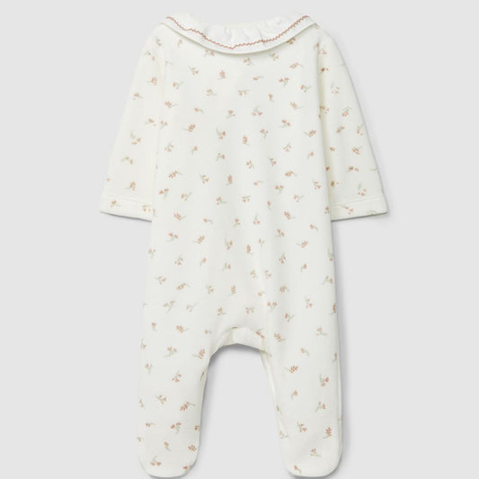 Babygrow em veludo estampado de flores e gola de folho - Laranjinha