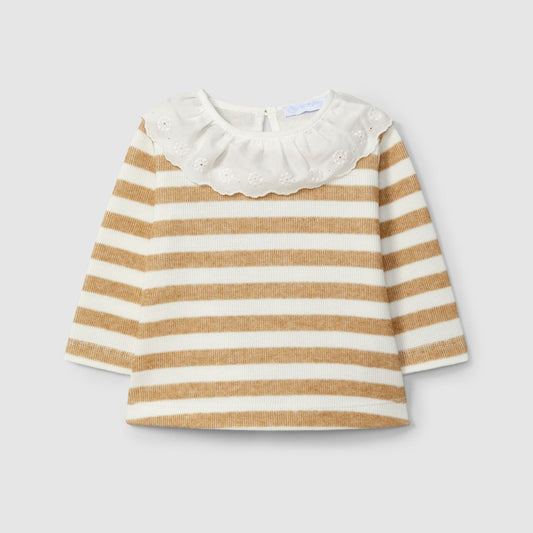 Longsleeve de riscas com gola de folho bordado - Laranjinha