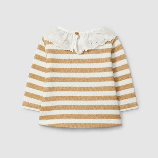 Longsleeve de riscas com gola de folho bordado - Laranjinha