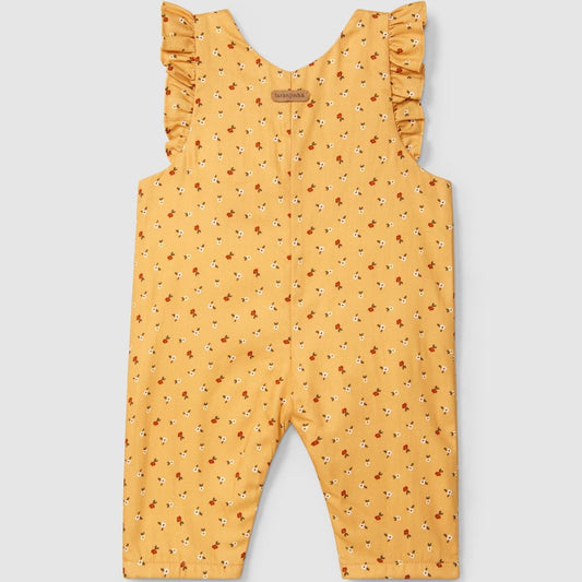 Jardineiras estampado floral e detalhe de folho - Laranjinha