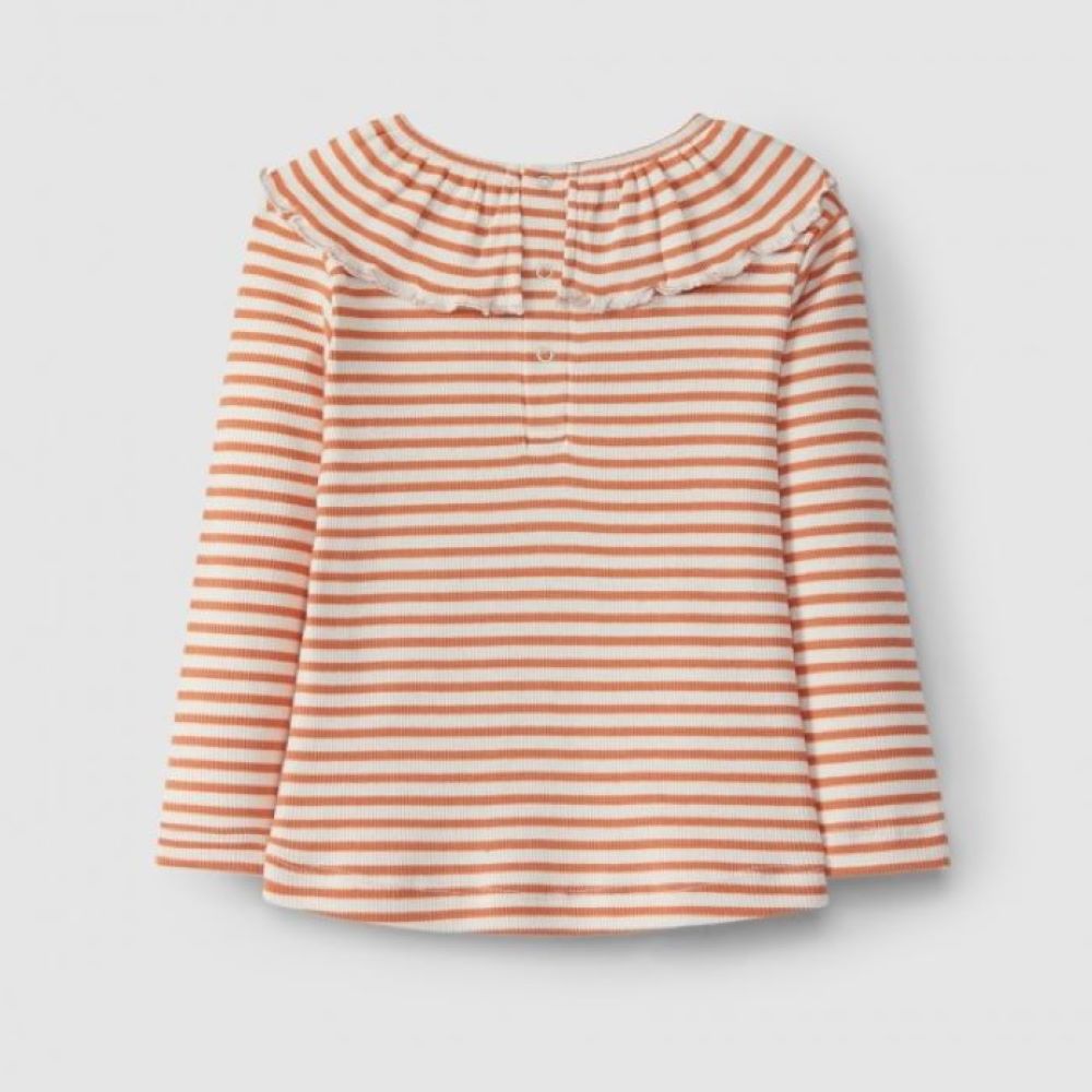 T-shirt à manches longues avec col à volants en maille côtelée rayée - Laranjinha