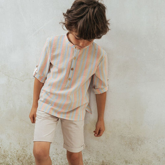 Chemise rayée avec col imprimé à la main - Laranjinha