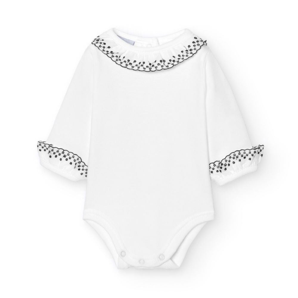 Body de manga comprida com gola em bordado inglês - Babidu