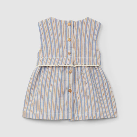 Vestido de riscas multicolor com aplicação de renda - Laranjinha