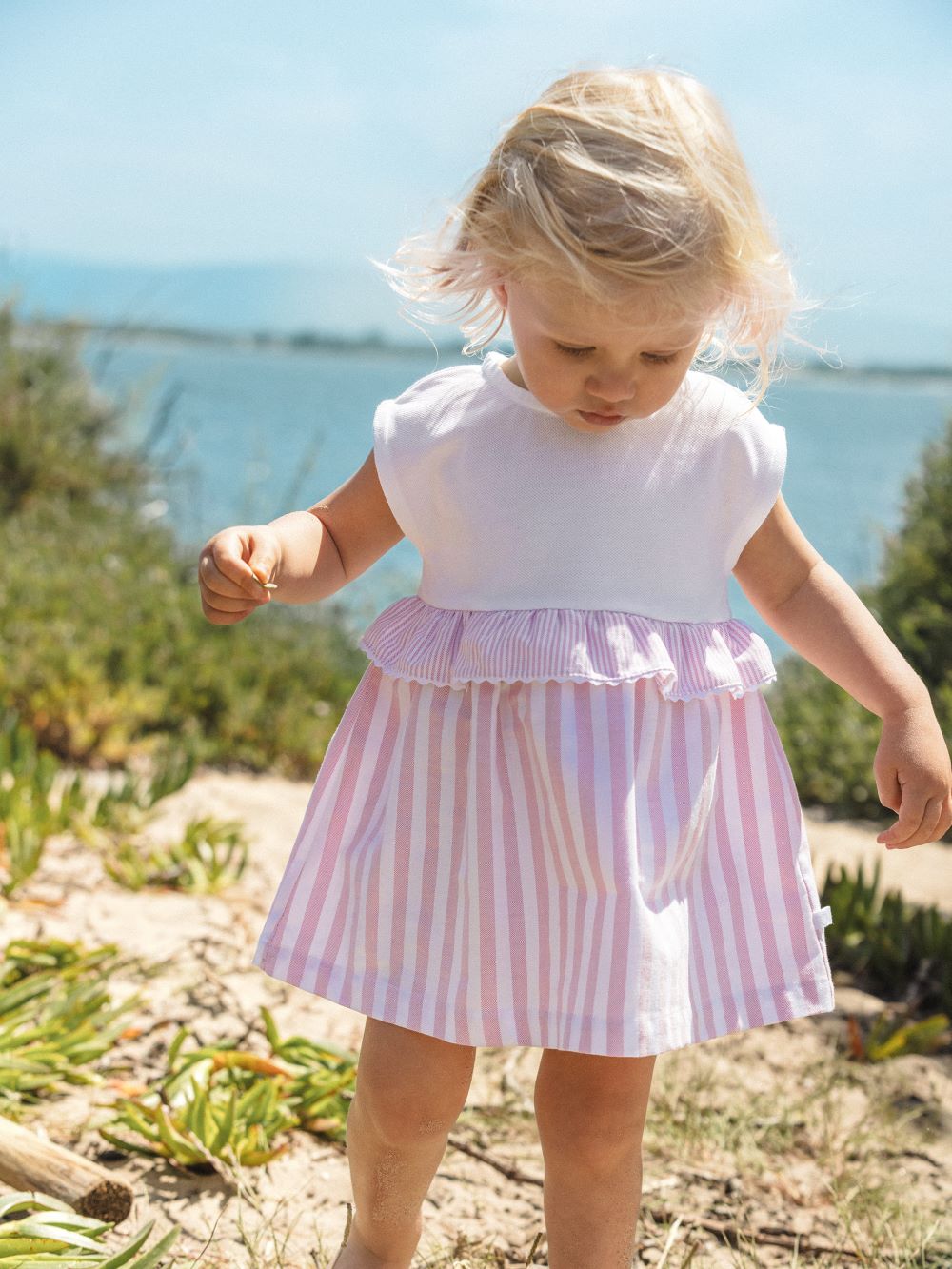 Vestido piqué e tecido oxford de riscas - Laranjinha