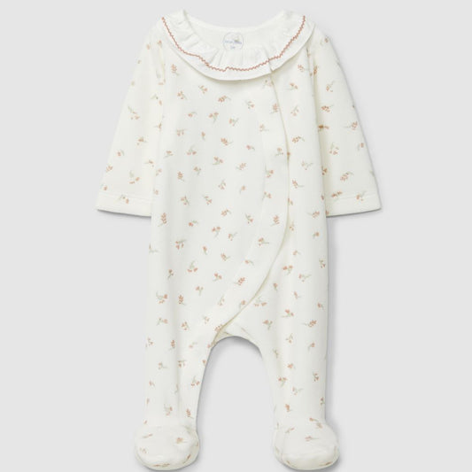 Babygrow em veludo estampado de flores e gola de folho - Laranjinha