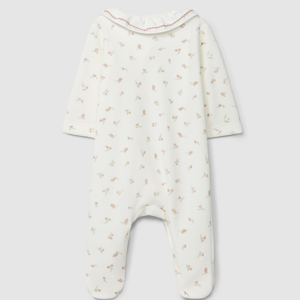 Babygrow em veludo estampado de flores e gola de folho - Laranjinha