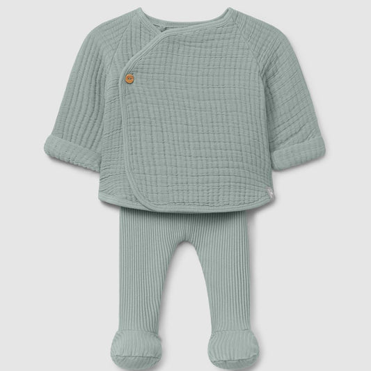 Conjunto de duas peças em gaze dupla e malha canelada verde - Snug