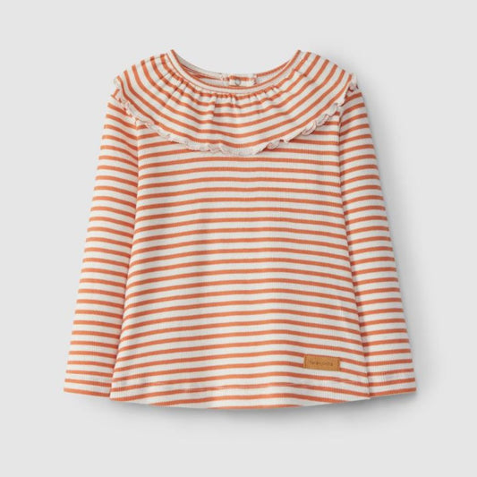T-shirt à manches longues avec col à volants en maille côtelée rayée - Laranjinha