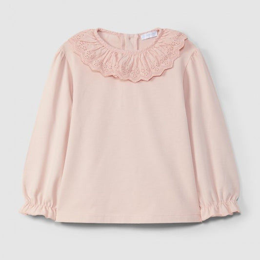 T-shirt à manches longues avec col à volants en broderie anglaise - Laranjinha